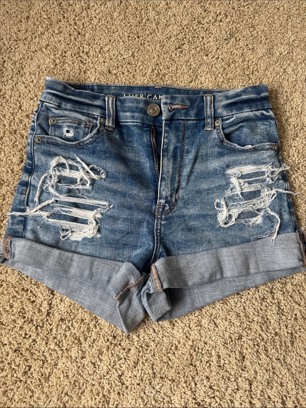 American Eagle Outfitters Distressed Rolled-Hem Denim Shorts - Blue